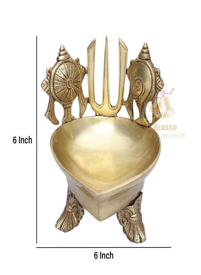 D Brasso Brass Shankh Chakra Namah Design Diya على الأرجل المنحوتة، زيت الديبام لبوجا، شانكا جادا بادما (قياسي، 1.75 كجم، عبوة من قطعة واحدة). - Image 4